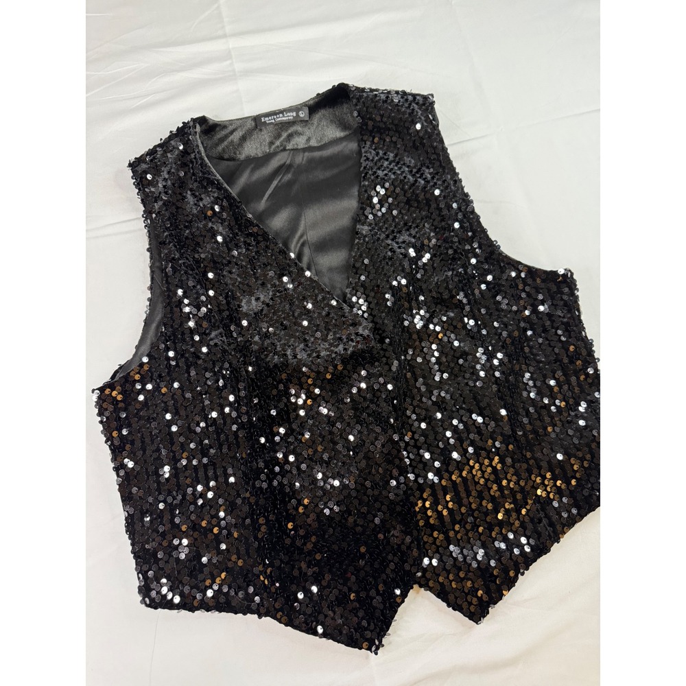 Emerson Lang Black Sequin Vest Young Contemporary Sleeveless Snap Front Large